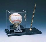 Single Ball Gold Glove Holder Desk and Gold Pen Display Case with Engraved MLB Team Logo and Wood