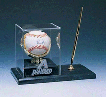 Single Ball Gold Glove Holder Desk and Gold Pen Display Case with Engraved MLB Team Logo and Wood