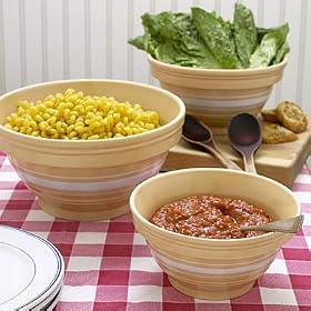Yellow Ware Striped Stoneware Mixing Bowls Set of 3, White Stripe by 