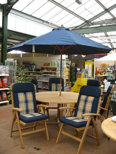 Henley 6 Seater recliner set - Teak with Blue cushions and parasol