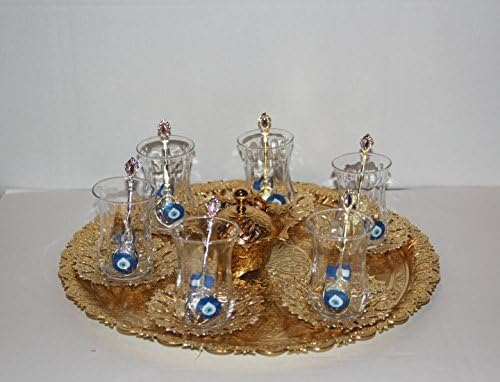 Traditional Turkish Tea Set for Six, Express Shipping, with Evil Eye Glasses, Colorful Turkish Tea Glasses, Special Design, Turkish Tea Set for Six, Handmade in Turkey by GrandBazaarShopping