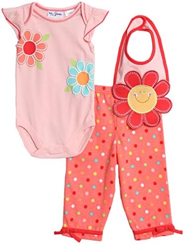 BT Kids Baby Girls' 3 Piece Pink Polka Dot Flower Casual Pants Bib Set