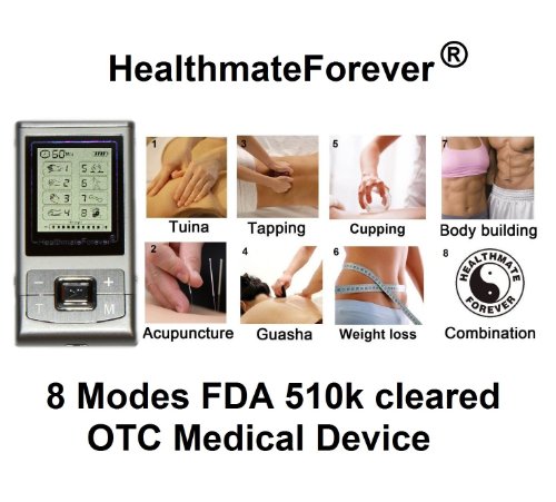 FDA cleared HealthmateForever massager 8 modes physiotherapy device + extra Bonus: 4 pcs large hand shaped pads, powered by rechargeable lithium battery, LCD display, auto shut off timer, *updated battery level indicator*, apply 4 pads to targeted areas such as both knees, shoulders, arms, shoulders, heels, hands... Portable Full Body hands-free therapeutic massage, foot ankle massager. Multi jobs: Pain Relief, Detox by Guasha, Body Building, Application at the abs, biceps, triceps, thighs, Sport Training, Workout, Sport Injury, Post Surgery Recovery or Rehab (Quality guarantee Lifetime Warranty)