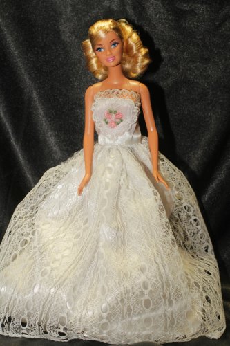 White Barbie Sized Doll Ball Gown with Lace Overlay