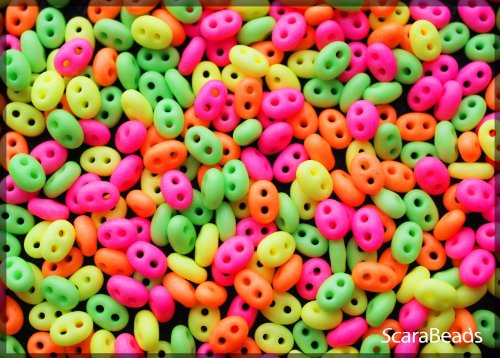 20 gram Czech Glass Preciosa 2 Hole Pressed Beads Twin Neon (UV Active) Mix Opaque