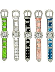 Geneva Women Cowboy Boot Studded Multi Crystal Leather Belt Watch Fashion-Peach