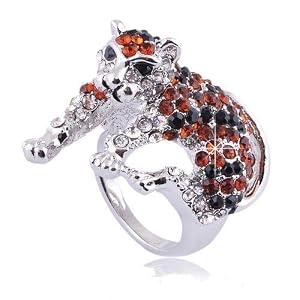 Cat Leopard Rhinestone Cocktail Ring with Swarovski Cyrstals Womens Fashion Jewelry Silver Tone Size 5