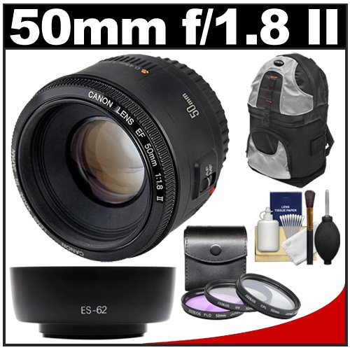 Canon EF 50mm f/1.8 II Lens with Backpack + 3 UV/FLD/CPL Filters + Hood + Cleaning Kit for EOS 60D, 7D, 5D Mark II III, Rebel T3, T3i, T4i Digital SLR Cameras On Sale