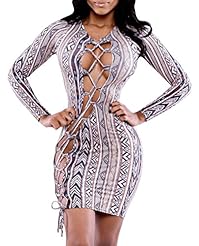 Striped Print Spandex Long Sleeves Sheath Cutout Bodycon Dress/Club Dress/Tunic/Midi Dress 
