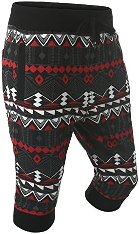 URBANCREWS Mens Hipster Hip Hop Aztec Terry Capri Shorts- BLACK XLARGE