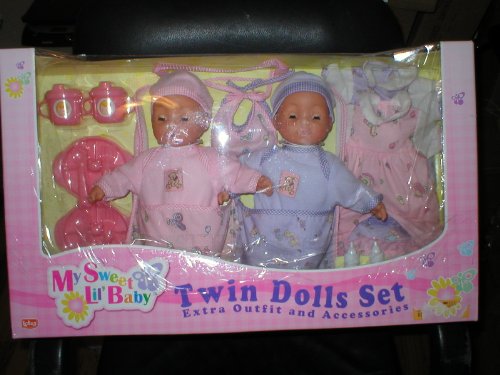 MY LITTLE SWEET HEART TWIN 13 INCH DOLLS SET, BOY AND GIRL WITH EXTRA 2 OUTFITS 2 PILLOWS 2 BOTTLES 2 DISHES SETS AND 2 BIBS