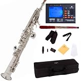 Mendini by CecilioMSS-N+92D Nickel Plated Straight B Flat Soprano Saxophone with Tuner, Case, Mouthpiece, 10 Reeds and More