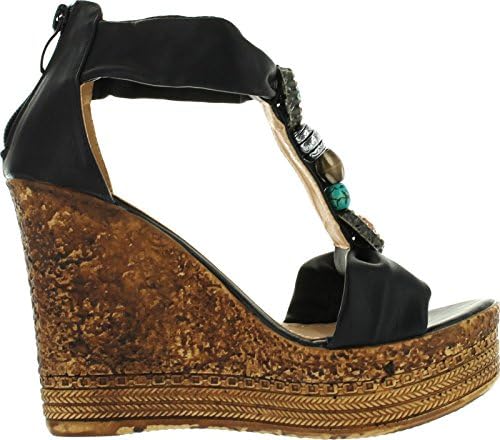 Refresh Grita-05 Womens Beaded Platform T-Strap Cork Wedge Heel Sandal,Black,8.5
