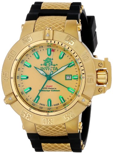Invicta Men's 13921 Subaqua GMT Gold Tone Enamel Dial Black Polyurethane Watch