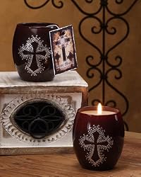 Deco Glow Brown Glass with Rhinestone Cross Candle