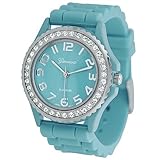 Teal Ceramic Style Silicone Gel Band Crystal Bezel Women's Watch