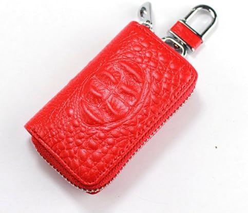 YOURONG Handmade Genuine Leather Zipper Key Chain Case Pouch Credit Cards Holder (Red)