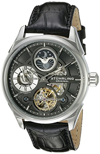 Stuhrling Original Men s 657.02 Delphi Stainless Steel Automatic Self-Wind Dual Time AM/ PM Indicator Watch With Black Leather Band