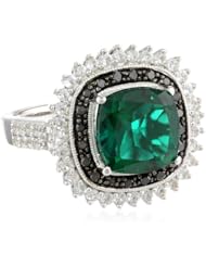 Sterling Silver Created Emerald and Created White Sapphire with Black Diamond Ring
