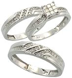 14k White Gold Trio 3-Piece His (5mm) & Hers (4mm; 6mm) Wedding Band Set, w/ 0.47 Carat Brilliant Cut & Invisible-set Diamonds; (Men's Size 9 to 12; Ladies' Size 6 to 8)