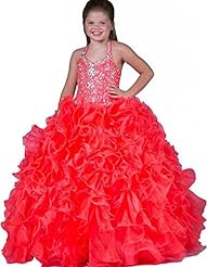 Girls Organza Lace  Beaded Floor Length Halter   Ball Gown Flower-Girl Dress/Pageant Dress  With Rhinestones