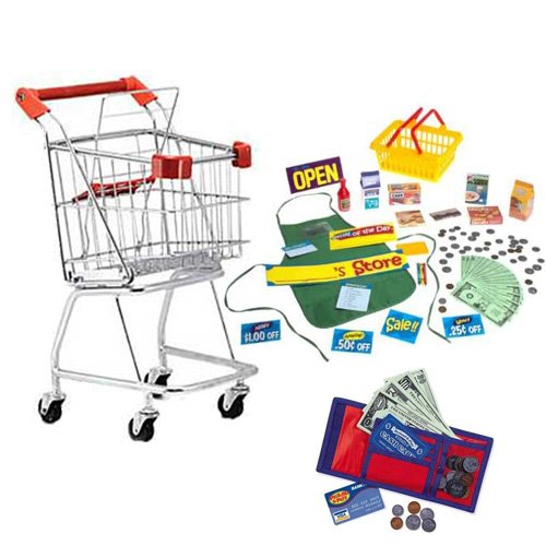 Melissa & Doug Shopping Cart with Learning Resources Cash n' Carry Wallet and Pretend & Play Supermarket Set
