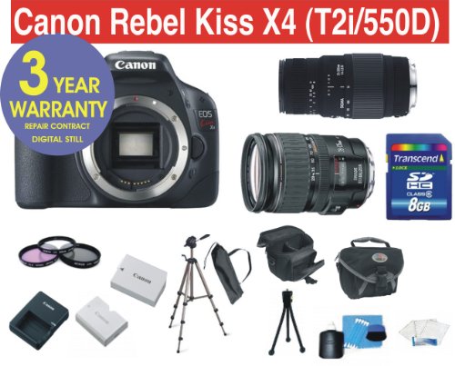 Canon EOS Rebel Kiss X4 (T2i/550D) EF-S 18 MP Digital Camera with Canon EF 28-135mm f/3.5-5.6 IS Standard Zoom Lens + Sigma 70-300MM Macro Zoom Lens + High Capacity Li-Ion Battery + 4 GB Memory Card + 50" Titanium Anodized Tripod + 6 Piece Accessory Kit + Deluxe Padded Camera Bag + Multi-Coated Glass UV Filter + Multi-Coated Glass Polarizer Filter + 3 Year CELLTIME Extended Warranty (Japan Made)