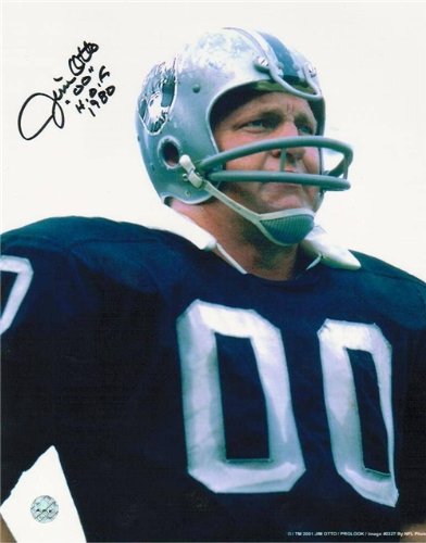 Jim Otto Autographed/Hand Signed Oakland Raiders 8x10 Photo Inscribed ''HOF 1980''