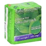 Seventh Generation Ultra-Thin Pads, Overnight, with Wings, 14 pads (Pack of 6)