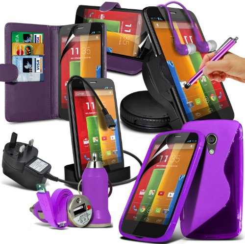 10-IN-1 Superior Pack MOTOROLA MOTO G (Purple) PREMIUM PU LEATHER 3 CARD SLOTS Leather Wallet flip Case Skin Cover + LCD Screen Protector Guard + Micro USB CE Approved 3 Pin Mains Charger + Micro USB Desktop Charging Dock Stand Charger + S Line Wave Gel Case + 360 Rotating Car Holder + 3.5 MM Earbud Earphone + Micro USB Flat Cable + Bullet Car Charger + Large Touchscreen Stylus Pen - (PU LEATHER) By Fone-Case