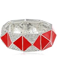 Silvertone Red Epoxy and Stone Pyramid Stretch-Bracelet, 7"