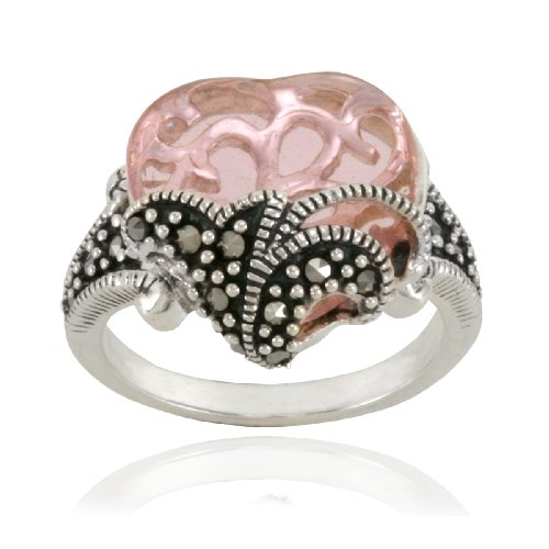 Sterling Silver Marcasite and Pink Glass Heart Ring, Size 5