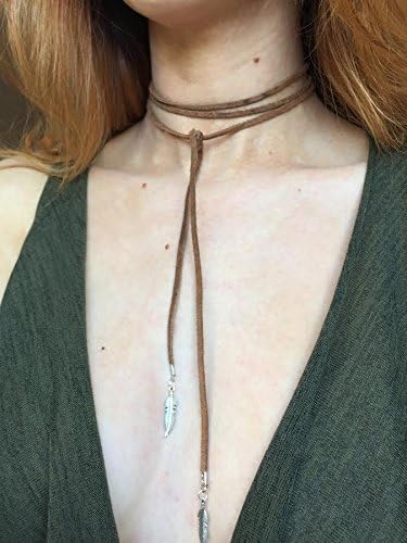 Tie Me Brown Suede Wrap Choker with Sterling Silver Feather Charms