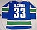 Henrik Sedin Autographed Vancouver Canucks Blue Jersey W/PROOF, Picture of Henrik Signing For Us, 2010 NHL MVP, 2011 Stanley Cup Finals, 2006 Gold Medal Winter Olympics, Team Sweden