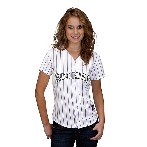MLB Colorado Rockies Women's Short Sleeve 5 Button Synthetic Replica Jersey (Wht/Pur Pnstrpes, Medium)