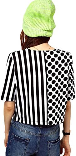 Omine Women's Stripes Dots Print Crop Top T Shirt,Black and White,X-Large