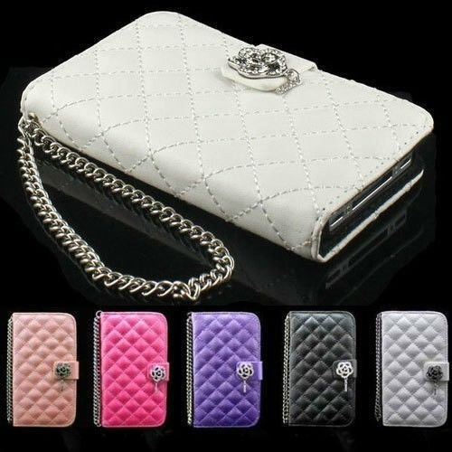 Luxury Lambskin 3D Bling Crystal Diamond PU Leather Wallet Chain Card Holder Flip Case Cover For Smart Mobile Phones (ZTE ZMax Z970 , White )