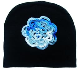 Winter Lightweight Hat - Black with hand-crocheted Ocean Flower- Handmade Emb...