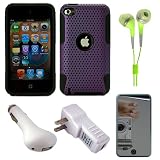 Metallic Purple Protective Rubberized Crystal Hard Snap-on Case and Black Silicone Gel Skin for Apple iPod Touch 4th Generation, 4th Gen (8GB, 16GB, 32GB, 64GB) + INCLUDES!!! Mirror Screen Protector for Apple iPod Touch 4th Generation + INCLUDES White USB Home Charger + INCLUDES White USB Car Charger + INCLUDES Green Hifi Noise Reducing Headphones / Earbuds