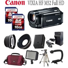 Canon VIXIA HF M52 Camcorder Full HD 1920 x 1080 Video and 10x Optical Zoom + Battery + Two 16GB Memory Cards + Deluxe Case + Tripod + LED 160 Compact Video Light + Action Stabilizing ForeGrip Handle + Travel charger + Filter Kit + 0.45X Wide Angle Lens + 2x Telephoto Lens