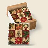 Vintage Christmas Patchwork Tumbled Stone Coaster Set of 4 w/ Hardwood Tray