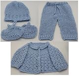 Handmade Pure Acrylic Complete Baby Set - Sweater, Hat, Pants and Booties - Traditional Baby Blue (100% Crocheted by Hand)(One-of-a-kind)