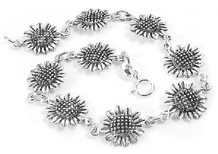 Heavy Sterling Silver Sunflower or Flower Link Bracelet   7