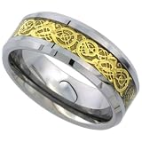 Tungsten Carbide 8 mm Flat Wedding Band Ring Gold Finish Celtic Dragon Inlay Beveled Edges, size 10
