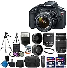 Canon EOS Rebel T5 18MP EF-S Digital SLR Camera USA warranty with canon EF-S 18-55mm f/3.5-5.6 IS [Image Stabilizer] II Zoom Lens & EF 75-300mm f/4-5.6 III Telephoto Zoom Lens + 58mm 2x Professional Lens +High Definition 58mm Wide Angle Lens + Auto Power Flash + UV Filter Kit with 24GB Complete Deluxe Accessory Bundle