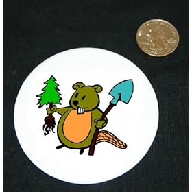 3" button / pin printed with tree, planting, beaver, forestry, shovel
