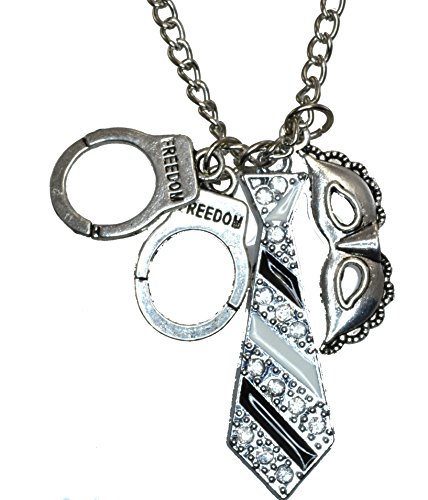 Shades of Grey Silvertone Stainless Steel 30 Inch Necklace with Charms of Necktie Handcuffs Mask 685
