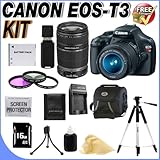Canon EOS Rebel T3 12.2 MP CMOS Digital SLR with 18-55mm IS II Lens (Black) & Canon EF-S 55-250mm f/4.0-5.6 IS Telephoto Zoom Lens (2 Lens Kit!!!) + W/16GB SDHC Memory +Extra LPE10 Battery + AC/DC Rapid Charger + 3 Piece 58mm Filter Kit+ Deluxe Case w/Strap + Full Size Tripod + USB Card Reader + Memory Card Wallet + Accessory Kit