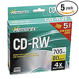 Click here to buy Memorex 700MB 80-Minute 4x Data CD-RW Media (5-Pack) by Memorex.