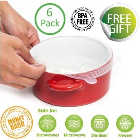 Multi Size 6 Silicone Lids Food and Bowl Covers in Clear - Reusable Stretch Lids Cover Wrap for Cans, Containers, Mugs, Mason Jars and Bowls - 2 Free Suction Lids (Clear)